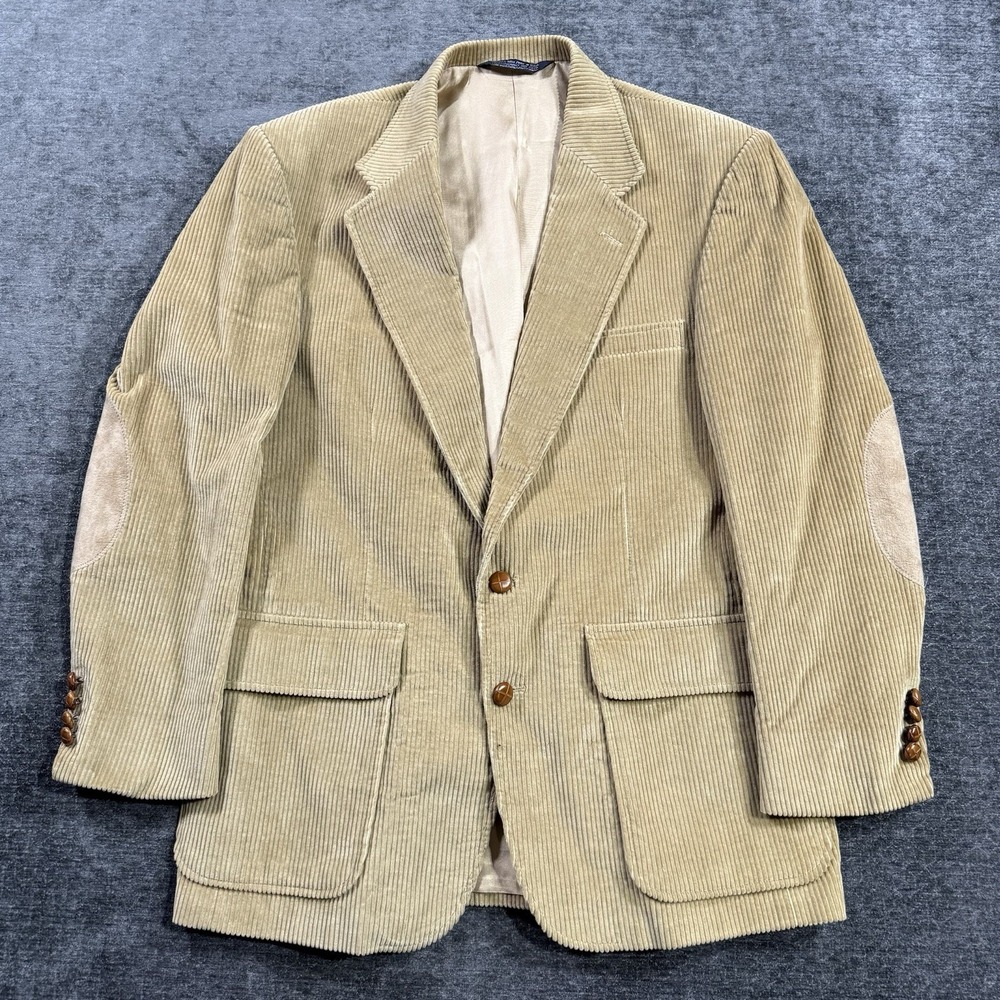 Vintage Lands End Blazer Mens 42R Tan Corduroy‎ 2 Button Leather Elbow Pad Coat